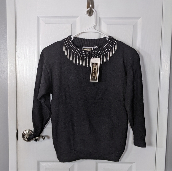 Glitz Sweaters - NWT Vintage 80s Anytime Glitz Silk and Angora Beaded Embellished Sweater Size M